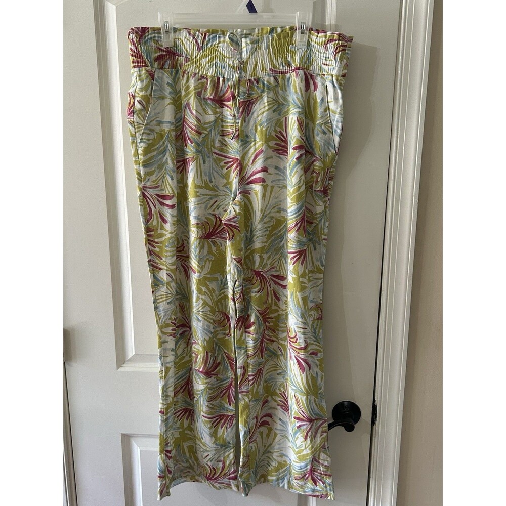 LAND ‘N SEA Women’s Size Large Tropical Print Linen Blend Wide Leg Pants Pockets